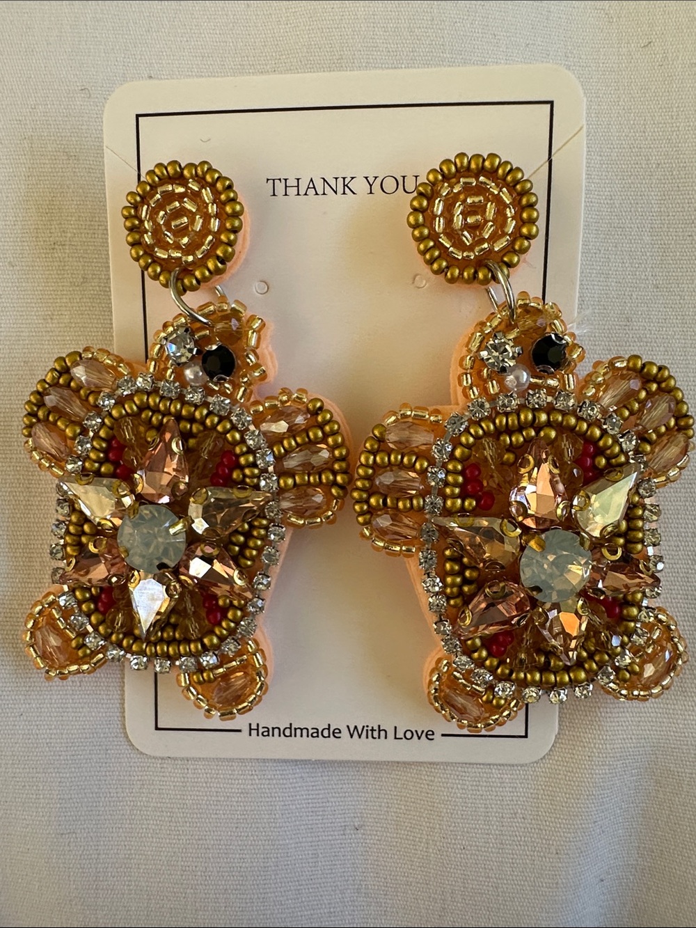 Handmade Turtle Gold & Blush Beaded Drop Earrings